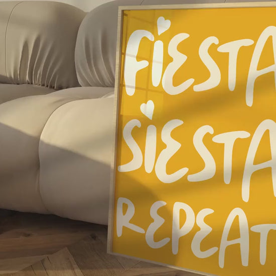 Fiesta Siesta Repeat Poster | Fun Typography Wall Art | Bold Colourful Home Decor | Vibrant Motivational Prints