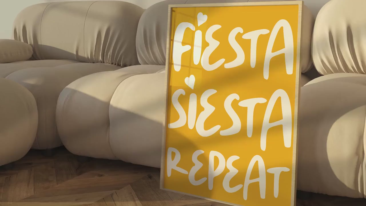 Fiesta Siesta Repeat Poster | Fun Typography Wall Art | Bold Colourful Home Decor | Vibrant Motivational Prints