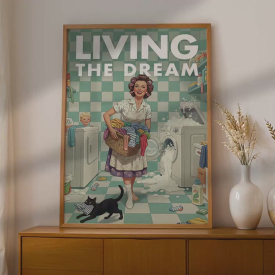 Retro Laundry Print, Funny 50s Poster, Vintage Laundry Art, Humorous Decor, Retro Wall Art Gift Ideas, “Living The Dream” Print