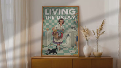 Retro Laundry Print, Funny 50s Poster, Vintage Laundry Art, Humorous Decor, Retro Wall Art Gift Ideas, “Living The Dream” Print